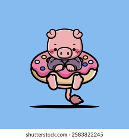 Cute pig hug big doughnut cartoon