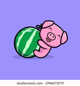 Cute pig hug watermelon mascot character. Animal icon illustration