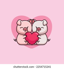Cute pig huge love heart cartoon vector icon illustration animal isolated