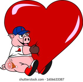 Cute pig hugging a big red heart vector cartoon illustration