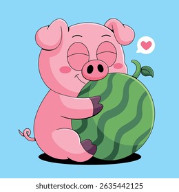 Cute Pig Hugging Watermelon cartoon illustration