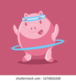 Cute pig with hula hoop doing fitness exercise funny vector cartoon character isolated on background.