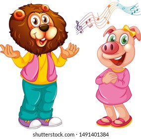 Cute pig in human-like pose isolated - lion and pig singing illustration