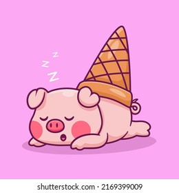 Cute Pig Ice Cream Sleeping Cartoon Vector Icon Illustration. Animal Food Icon Concept Isolated Premium Vector. Flat Cartoon Style