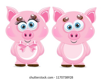 Cute pig icon. Boy and girl.  