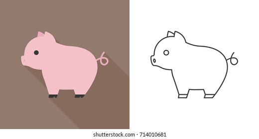 cute pig icon, flat and outline design vector
