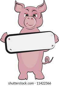 Cute pig illustration, with no gradients. Holding a label
