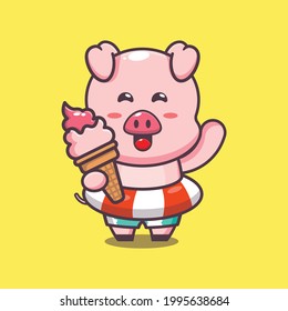 Cute pig illustration. Summer time. Cute vector design character. Vector isolated flat illustration for poster, brochure, web, mascot, sticker, logo and icon.
