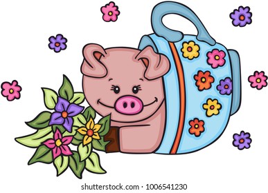 Cute pig inside cup with flowers

