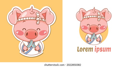 Cute pig Japanese chef mascot logo holding a knife 