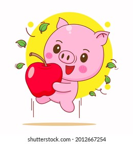 cute pig jumping with an apple character cartoon illustration