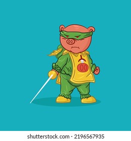 Cute pig knight in green mask, Cartoon vector icon illustration. flat cartoon style