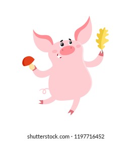 Cute pig with leaf and mushroom isolated on white. Autumn postcard with piglet. Vector illustration with cartoon symbol of chinese calendar used for poster, greeting card, book and banner.