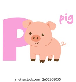 Cute pig with letter P for kids alphabet. Cartoon pig animal and pink letter illustration. Alphabet flashcard with pig.