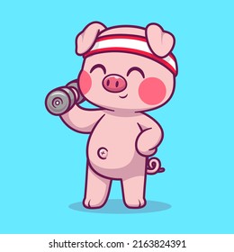 Cute Pig Lifting Dumbbell Cartoon Vector Icon Illustration. Animal Sport Icon Concept Isolated Premium Vector. Flat Cartoon Style