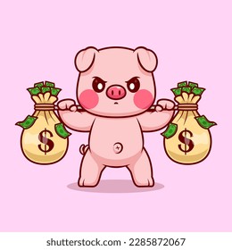 Cute Pig Lifting Money Bag Barbell Cartoon Vector Icon Illustration. Animal Finance Icon Concept Isolated Premium Vector. Flat Cartoon Style