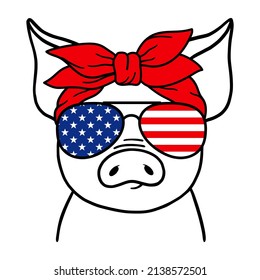 Cute Pig Line Art. Piglet with aviator glasses ang bandana, USA Flag print. 4th of july. Pig sketch vector illustration. Good for posters, t shirts, postcards.