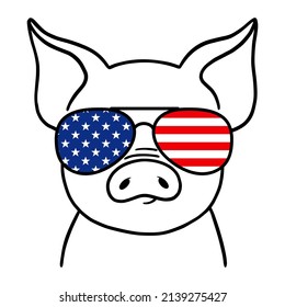 Cute Pig Line Art. Piglet with aviator glasses with USA Flag print. 4th of july. Pig sketch vector illustration. Good for posters, t shirts, postcards.