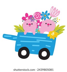 Cute pig line hand drawn style stay in cart with flower.Spring time.Floral.Nature.Blooming.Farm animal character cartoon design.Baby graphic.Kawaii.Vector.Illustration.