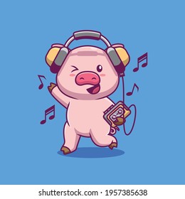 Cute pig listening music cartoon illustration The Concept of Isolated Technology. Flat Cartoon Style Suitable for Landing Web Pages, Banners, Flyers, Stickers, Cards