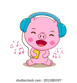 cute pig listening to music with headphone cartoon illustration