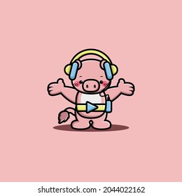 Cute pig listening music with headphone cartoon character