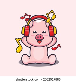 Cute pig listening music with headphone