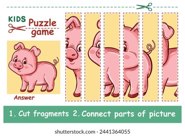 Nettes Schwein, kleines Schweinchen Bauernhof Tier, Kinder Bildung Puzzle Puzzle Spiel. Teile schneiden und verbinden Ferkelbild. Schweine aus Stücken zusammenbauen. Logisches Lernbuch-Arbeitsblatt für Kinder im Vorschulalter. Vektor 