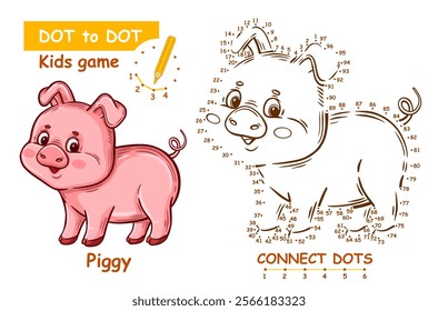 Cute pig, little piggy farm animal, connect dots number children education math puzzle game. Funny piglet swine character. Draw picture join dotted line. Coloring page. Kid learning worksheet. Vector