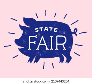 Cute pig logo badge with organic textured look. Happy funny cheerful piglet. Vintage pig print. Retro cartoon pig silhouette.  State fair farmer market meat shop butcher logo. 