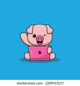 Cute pig logo characters with laptop