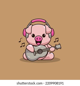 Cute pig logo characters playing guitar