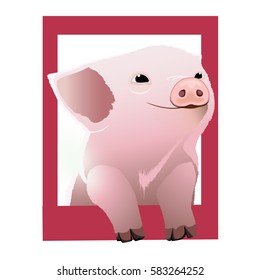 Cute pig looks out from the dark pink frame. Happy pig face. Pig isolated on white background. Cartoon character. Vector illustration