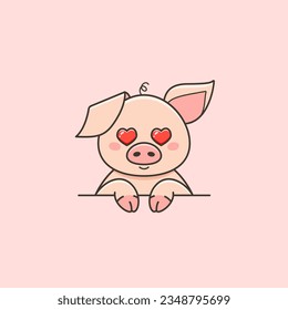 Cute pig in love with heart eyes in cartoon style. Vector illustration