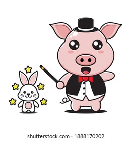 cute pig magician mascot with rabbit in white background