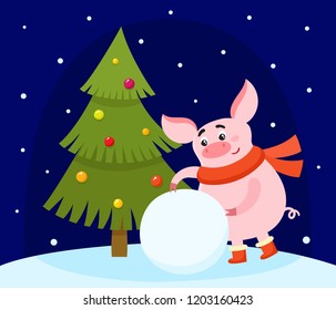 Cute pig making snowball and christmas tree, greeting cards for New Year 2019. Vector illustration with cartoon symbol of chinese calendar used for poster, greeting card, book and banner.