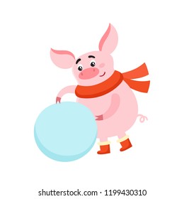 Cute pig making snowmen isolated on white. Winter postcard with piglet. Vector illustration with cartoon symbol of chinese calendar used for poster, greeting card, book and banner.