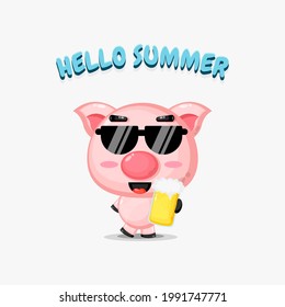 Cute pig mascot brings beer with summer greetings
