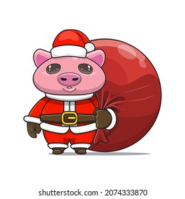 cute pig mascot, carrying red bundle bag and wearing santa claus costume, cute animal character wearing christmas costume, front view. kawaii and shiny style, perfect for christmas content
