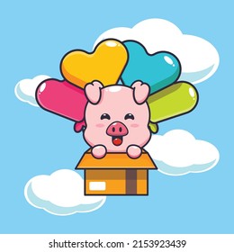 cute pig mascot cartoon character fly with balloon