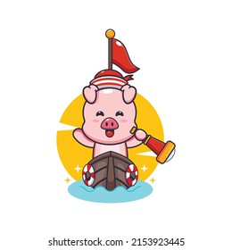 cute pig mascot cartoon character on the boat
