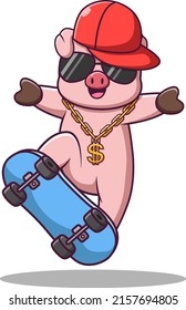 cute pig mascot cartoon character with skateboard, rapper pig cartoon, vector cartoon illustration