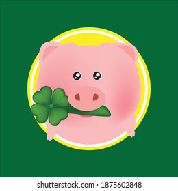 cute pig mascot illustration with leaf clover