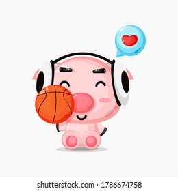Cute pig mascot playing basketball