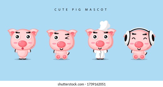 Cute Pig Mascot Set Vector