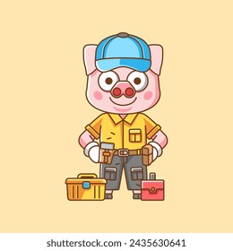 Cute pig mechanic with tool at workshop cartoon animal character mascot icon flat style illustration concept set