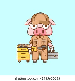 Cute pig mechanic with tool at workshop cartoon animal character mascot icon flat style illustration concept set