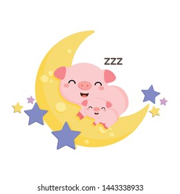 Cute pig mom and baby sleep on the moon.