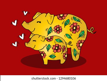 Cute pig mommy and piglet