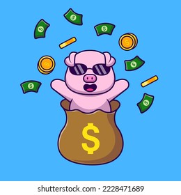 Cute Pig In Money Bag With Floating Money And Gold Coin Cartoon Vector Icons Illustration. Flat Cartoon Concept. Suitable for any creative project.